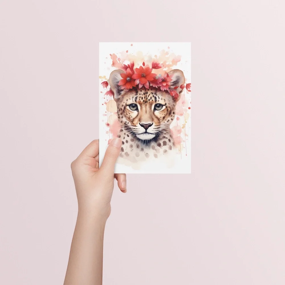 Watercolor Leopard With Flowers Portrait Wall Art Illustration Print Unframed - Picture 5 of 6